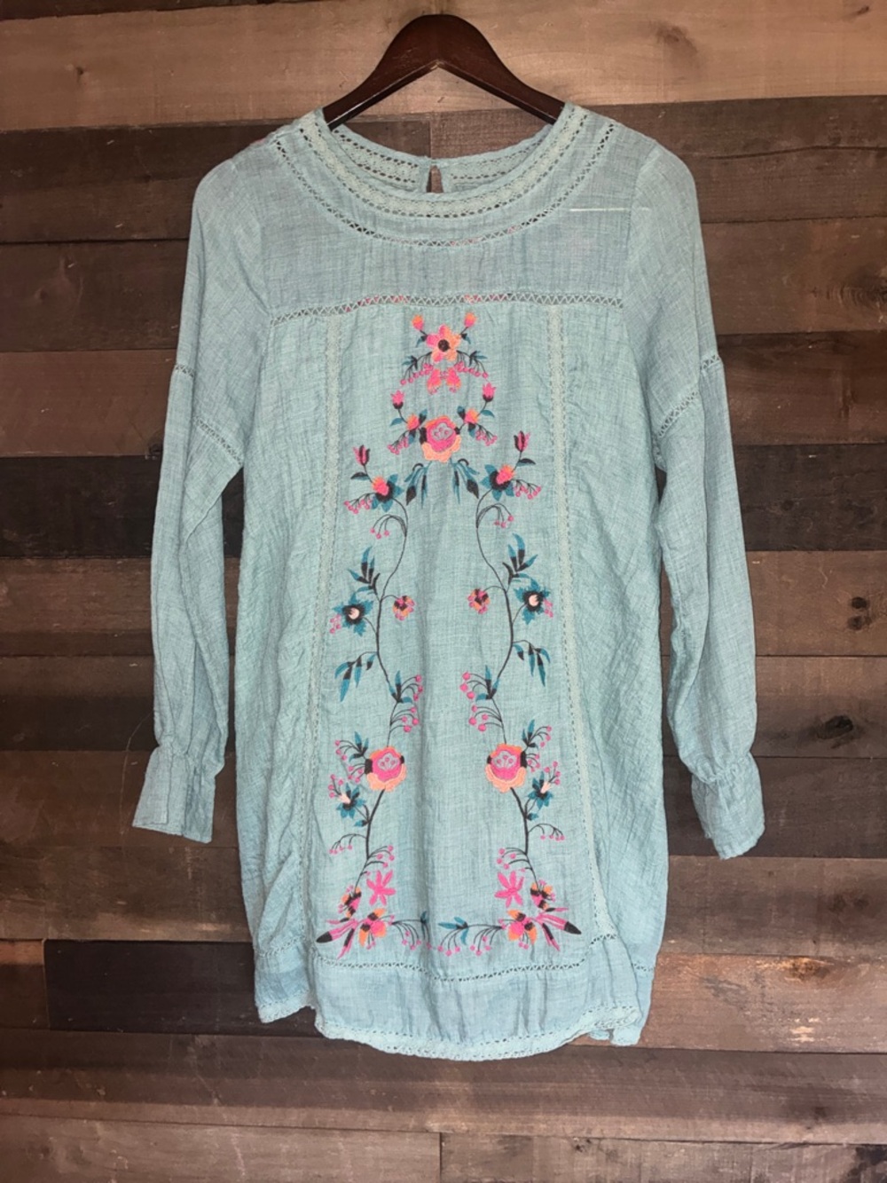 Light Aqua Embroidered Floral Tunic Dress